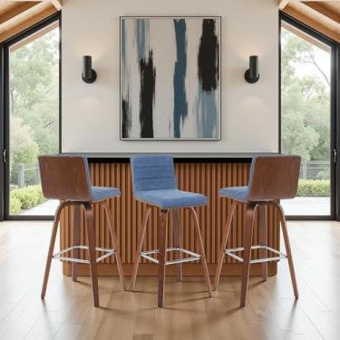 Imagem de Banqueta giratória moderna Vienna com assento estofado azul vintage e moldura de madeira com acabamento de nogueira, conjunto de 3