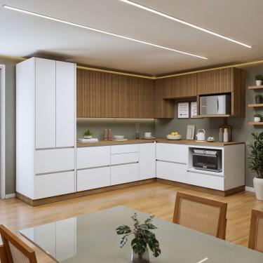 Imagem de Cozinha Completa Modulada 9 Peças 11 Portas 8 Gavetas com Rodapé Norten Branco/Marrom