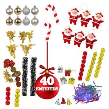 Imagem de Kit 40 Enfeites para Árvore de Natal 8 Bolinhas 6 Papai Noel 24 Pendentes Sortidos Festão Nevado Pisca Pisca