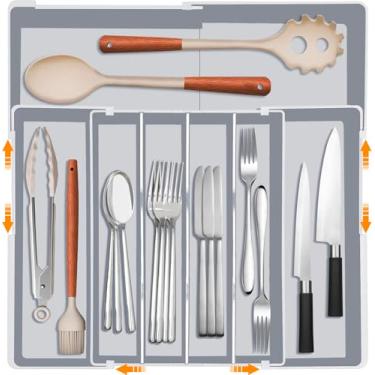 Imagem de Organizador de gaveta de talheres para cozinha – organizador de gaveta ajustável, bandeja de talheres e talheres sem BPA, armazenamento de plástico expansível para colheres, garfos, facas, cinza