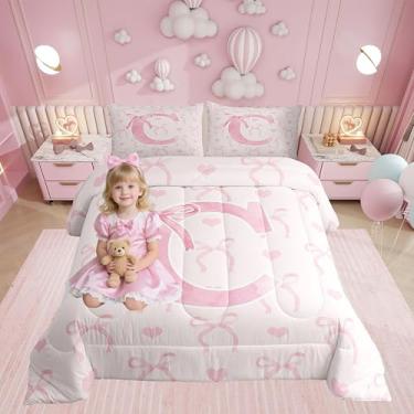 Imagem de Erosebridal Conjunto de cama casal com letra C com letra rosa, estampa estética, com nó de borboleta, geométrico, decoração de quarto, quente, fofo, coração, edredom