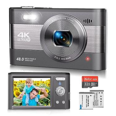 Imagem de Câmera digital 4K, câmera vlogging de 48 MP para fotografia YouTube, câmera compacta de viagem com flash, zoom digital 18x, cartão SD 32G antivibração e 2 baterias