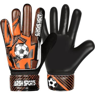 Imagem de Arsh Sports Luvas de goleiro de futebol para crianças, luvas de goleiro para jovens, meninos, meninas, palma de látex de 4 mm, antiderrapante, proteção de pulso dupla super Gip (preto-laranja, tamanho