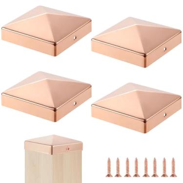 Imagem de 4 peças 8,9 cm x 8,9 cm tampa de poste de cobre sólido tampas de poste de cerca de poste pirâmide com parafuso para verdadeiro/real metal madeira cedro cerca deck corredores caixa de correio tampa