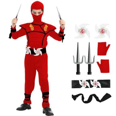 Imagem de Bad boy league Kids Ninja Costumes Set Dragon Ninja Costume Halloween Ninjas Cosplay Suit for Boys Girls Halloween Party(Kids-M-6/7T Red)