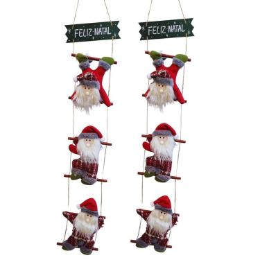 Imagem de Jogo 2 Placas Feliz Natal Escada Madeira 90cm Papai Noel Pelúcia - Master Christmas