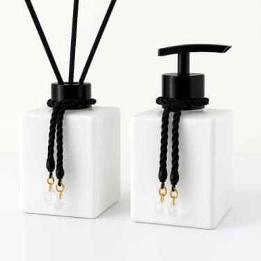 Imagem de Kit Difusor e Saboneteira de Vidro 250ml com Varetas e Cordões Decorativos – Aromatizador Luxo Transparente para Banheiro, Lavabo e Presente Elegante (Branco Total C/Valvula Preto)