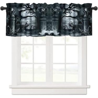 Imagem de Cortinas góticas de dia das bruxas, árvores assustadoras, padrão de gárgulas de terror, tratamento de janela, cortinas curtas, bolso de varão, drapeado para cozinha, sala de jantar, decoração de