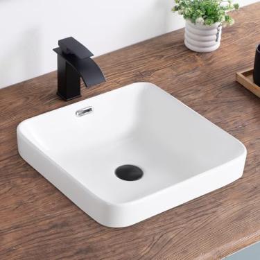 Imagem de KDKSC Pia de vaso de banheiro 42,2 x 42,2 cm Pia de banheiro semi embutida pia quadrada de banheiro com vazamento pia de vaso de cerâmica branca para banheiro moderna acima do balcão pia da vaidade
