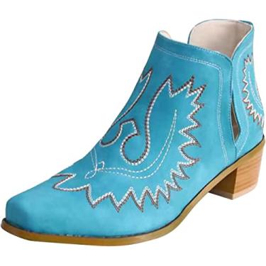 Imagem de Botas femininas de inverno quentes de couro sintético bordadas para uso ao ar livre botas curtas botas de cano curto, Azul, 39 BR
