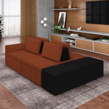 Imagem de Sofá Ilha com Encosto e Almofadas Móveis Olimpo 265cm Modulado Linho/PU Terracota/Preto G45 - Gran Belo