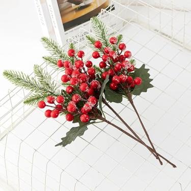 Imagem de 3 peças de bagas artificiais de Natal, caule vermelho, azevinho, flores falsas, planta para árvore de Natal, festa de ano novo, decoração de casa (estilo 3,30 cm)