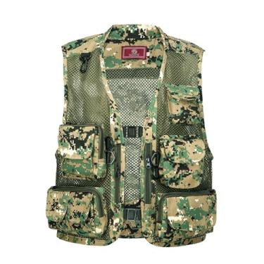 Imagem de Colete De Pesca Masculino, Colete De Trabalho Camuflado Em Malha Respirável Com Vários Bolsos Para O Verão Sem Mangas, Casaco Utilitário Casual Leve, Para Viagens E Pesca, Tiro Mais(Green leaves,XXL)