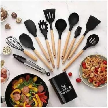 Imagem de Kit 12 Utensílios de Cozinha em Silicone com Cabo de Madeira, Conjunto Completo Antiaderente para Cozinha, Resistente ao Calor, Espátulas e Acessórios (preto)