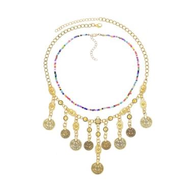 Imagem de TACBSP Colar com pingente de moeda boho para mulheres, colar de pirata em camadas, moedas grossas, borla, étnico, acessório de fantasia cigana, Large, Metal, Sem Pedra Preciosa