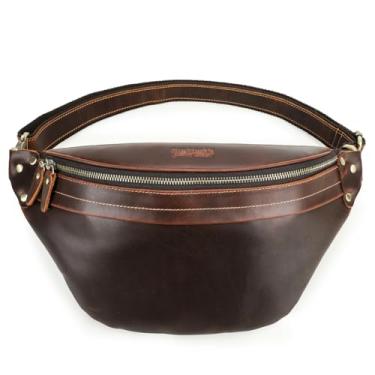 Imagem de Pochete Grande de Couro Legítimo Masculino CONTACTS, com Alça Ajustável e Fecho de Metal Mortise, Suporta iPad Mini 8.3"– Bolsa de Cintura Masculina Transversal Doleira para Viagem Antifurto(Marrom)