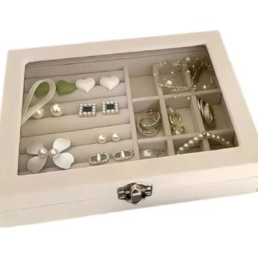 Imagem de Caixa Porta Joias Organizador Veludo Compacto Com Tampa De Vidro Portátil BEGE