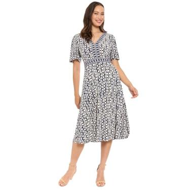 Imagem de London Times Vestido midi feminino evasê manga curta gola V feminino - vestidos casuais para convidados de casamento, Azul-marinho/marfim, G
