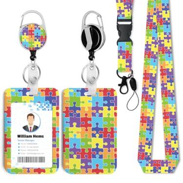 Imagem de Porta-crachá de identificação de quebra-cabeça com cordão breakaway e carretel retrátil resistente - chaveiro mosquetão giratório de 360° para mulheres, estudantes, professores, enfermeiros, uso no