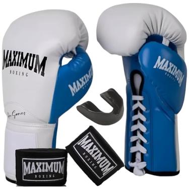 Imagem de Kit Luva De Boxe Profissional Branco/Azul + Bandagem 3m + Bucal - Maximum Pro Series (14oz)