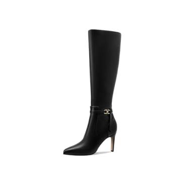 Imagem de MOTIMODEN Botas de cano alto femininas retrô de puxar no salto agulha bico fino simples clássicas botas de cano alto para meninas senhoras retrô bota alta inverno outono, Preto, 37