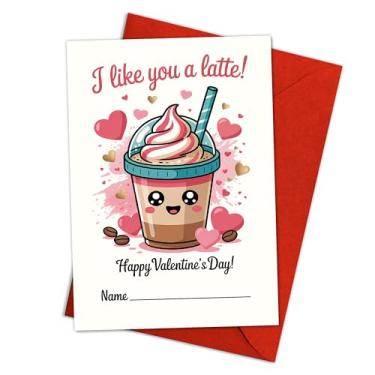 Imagem de Podagree Cartão de Dia dos Namorados I Like You a Latte Cute Coffee para crianças, amigos ou colegas de classe – Cartão de troca de presente – 20 x 13 cm com envelope