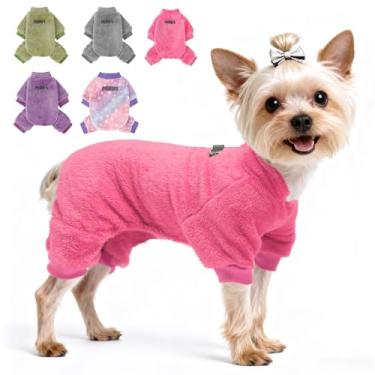 Imagem de PAWCHIE Pijama de veludo felpudo para cães, tecido de inverno para cães pequenos, gatos, meninos e meninas, macacão para animais de estimação, roupa para cães, rosa, P