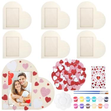 Imagem de Aneco 6 porta-retratos de coração dos namorados com painel protetor, kit de artesanato de molduras de madeira inacabadas com 120 adesivos de coração de espuma, pincéis, tintas, molduras decorativas