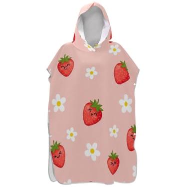Imagem de Joisal Roupão rosa com flores de morangos fofos para adultos, poncho de surfe, com capuz, toalha de praia, estampada, plus size, ponchos de praia para homens