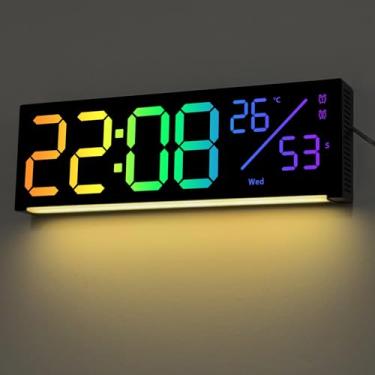 Imagem de JoFomp Relógio de parede digital LED colorido RGB de 12 polegadas com controle remoto, exibição de segundos, despertador digital plug-in com brilho automático, horário de verão, temperatura, relógio