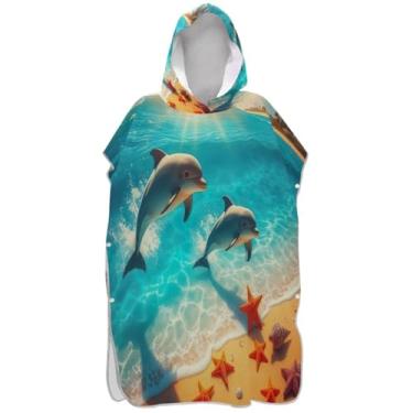 Imagem de Joisal Poncho de surfe para adultos trocador de roupa de praia com capuz toalha de banho absorvente ponchos adultos para mulheres bonito desenho animado golfinhos praia