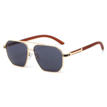 Imagem de Óculos de Sol Masculinos com Textura de Madeira, Armação Dupla de Metal, Proteção UV400, Estilo Casual para Viagem (Dourado, Preto e Cinza)