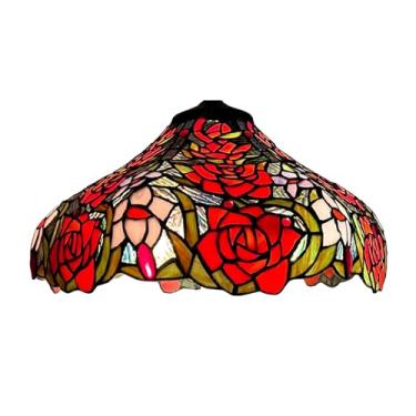 Imagem de Cúpula de reposição Tiffany de 40 cm (16 polegadas) em vitral rosa, estilo vintage com flores vermelhas e folhas verdes, ideal para abajures de mesa, de chão, pendentes e de teto. R5
