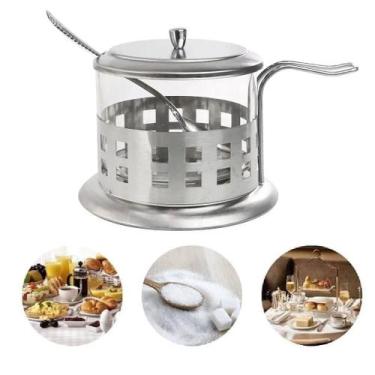 Imagem de Acucareiro Inox Vidro Prata Kit Completo Luxo Colher Tampa Removivel P