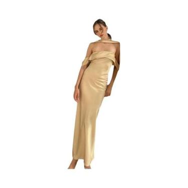 Imagem de Vestido Longo De Cetim Feminino off Shoulder Bodycon Sexy Para Festa M