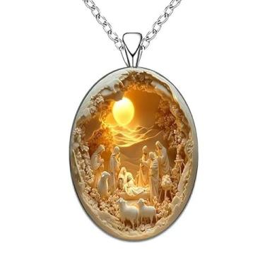 Imagem de Colar feminino com pingente de camafeu religioso, 2 peças, colar grosso em memória de Jesus, ajustável, colar de cristal de presépio para fantasia, Free Size, Metal, Sem Pedra Preciosa