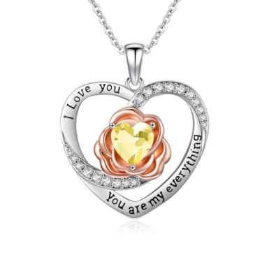 Imagem de WYDDO Colar feminino com pedra do mês de nascimento, coração, rosa, pingente "I Love You", aniversário, Natal, Dia dos Namorados, presente para sua esposa, filha, mãe, Base, Zircônia cúbica