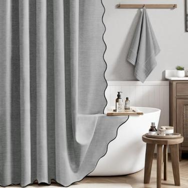 Imagem de BTTN Cortina de chuveiro cinza recortada, conjunto de cortina de chuveiro de tecido texturizado de linho boho cinza com ganchos de plástico, cortinas de chuveiro de poliéster à prova d'água