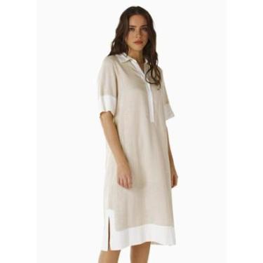 Imagem de Vestido de Linho Midi Bege/Off Mangas Curtas Solto com Bolsos-Feminino