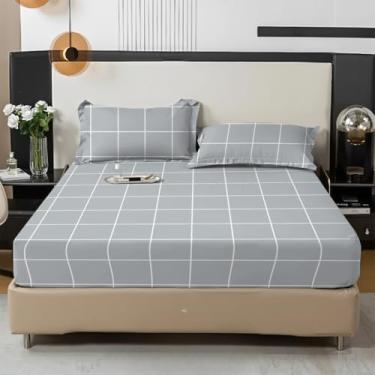 Imagem de Jogo de Lençol Listras Preto e Branco 3 Peças Percal Estampado Solteiro/Casal/Queen(Xadrez Cinza,SOLTEIRO 02 Peças)