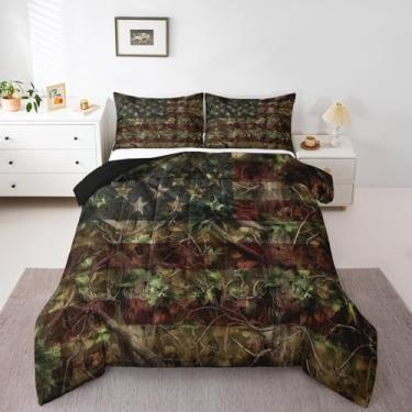 Imagem de Erosebridal Jogo de cama camuflado com bandeira americana, Queen, caça, camuflagem, ramos de floresta, folhas, conjunto de cama para meninos e adolescentes, edredom de cabana de fazenda, decoração