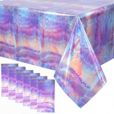 Imagem de Gilprop 6 toalhas de mesa iridescentes roxas claras a laser, pastel, roxo, holográfico, toalha de mesa descartável, de plástico, para aniversário, casamento, chá de bebê, despedida de solteira, 137 x
