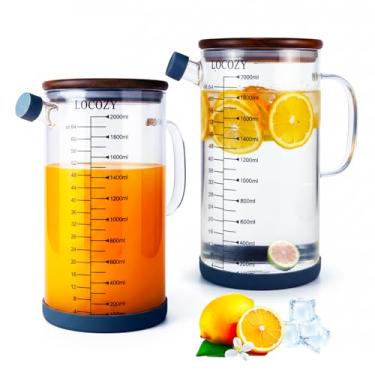 Imagem de Pacote com 2 jarras de vidro de 1,8 g com tampa de madeira de acácia – design hermético, balanças duplas para geladeira, jarra de vidro para água quente/fria, jarra grande de chá gelado para café