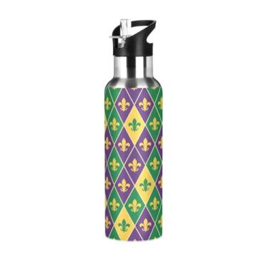 Imagem de Wassud Garrafa de água Mardi Gras Color Fleur-de-lis garrafa de água esportiva de aço inoxidável com canudo garrafas de água isoladas copo portátil de viagem 947 ml