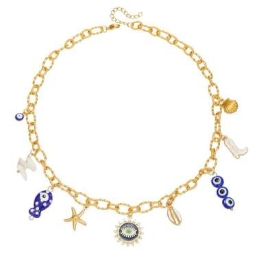 Imagem de Colar com pingente de sol, estrela-do-mar, pérola, coração, tartaruga, sol, dopamina, aço inoxidável, clavícula, joia banhada a ouro