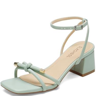 Imagem de SLXCHBSL Sandália feminina salto bloco bico quadrado design nó fivela no tornozelo elegante bico aberto salto baixo 5 cm sandálias para festa de casamento, Verde, 40
