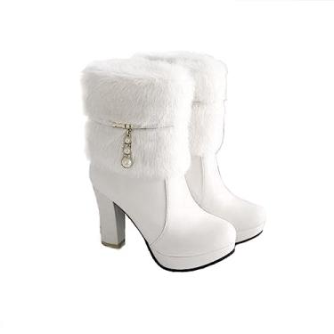 Imagem de UTIKLIOU Botas femininas de cano curto, plataforma, zíper lateral, salto grosso, botas com pele de bico redondo, botas de inverno para mulheres, Branco, 10.5