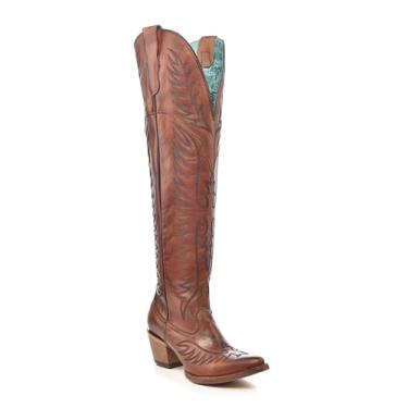Imagem de Corral Boots Botas femininas cognac feitas à mão | Botas caubói altas J Toe com design bordado Thunderbird, Conhaque, 39