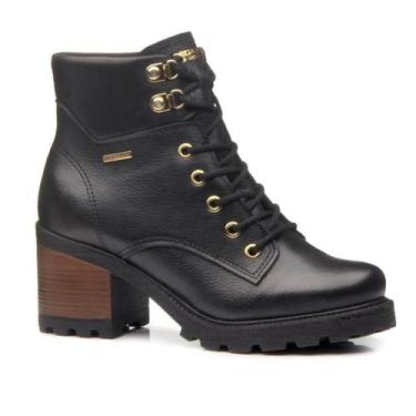 Imagem de Bota Coturno Feminino Pegada Couro Cano Curto Salto Grosso, 39, Preto