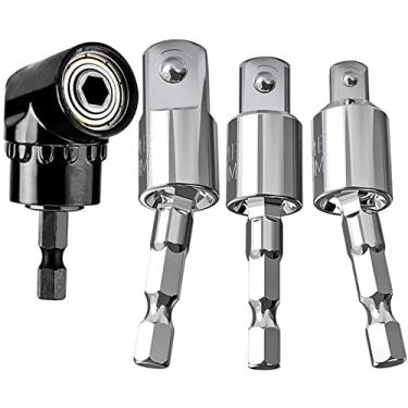 Imagem de Conjunto de adaptador de 4 peças para furadeira elétrica, adaptador de soquete de chave de impacto de haste hexagonal rotativa de 360° (1/4" 3/8" 1/2") + acessório de furadeira de extensão de chave de fenda de ângulo reto de 105 graus